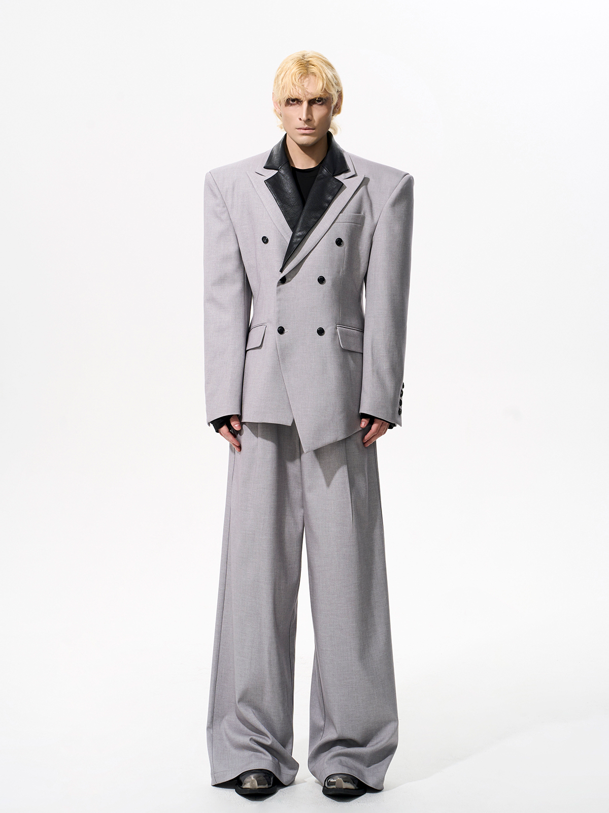 DETACHABLE LEATHER COLLAR SCULPTED SUIT SET-GREY