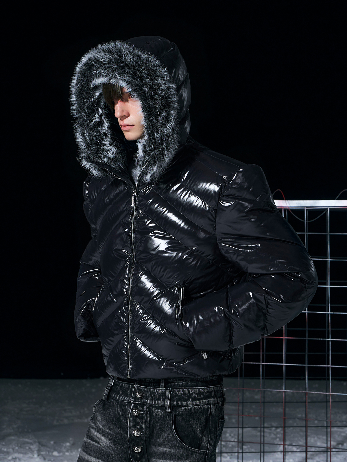 GLOSSY BLACK CHEVRON PUFFER WITH FAUX FUR HOOD