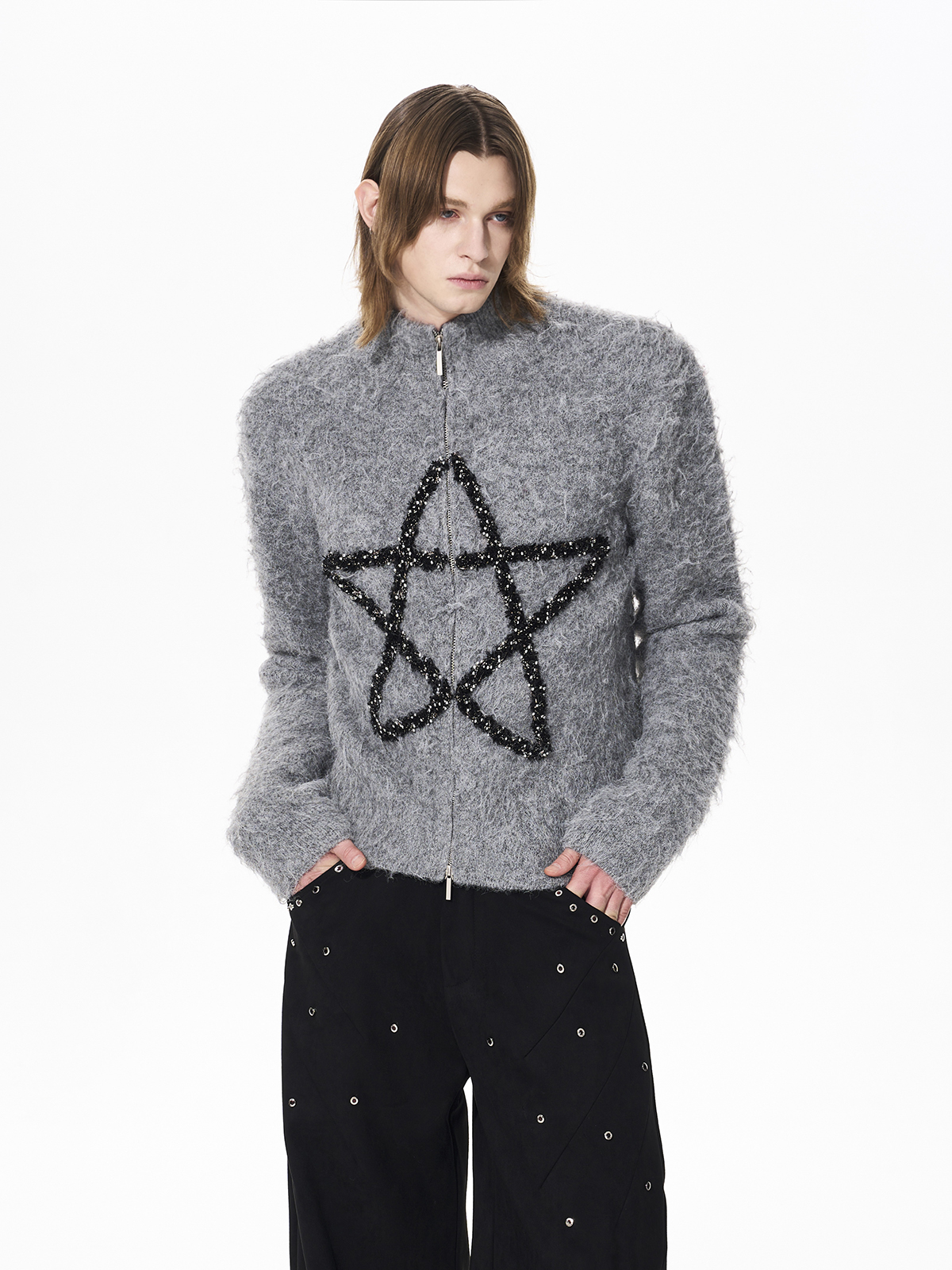 MOHAIR STAR ZIP-UP STAND COLLAR KNIT-GREY
