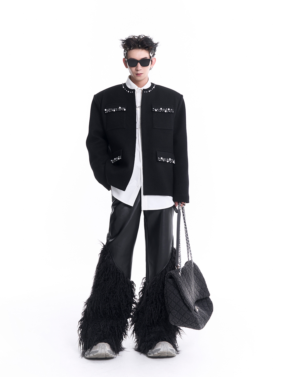 PEARL-TRIMMED COLLARLESS WOOL JACKET-START EXCEED END