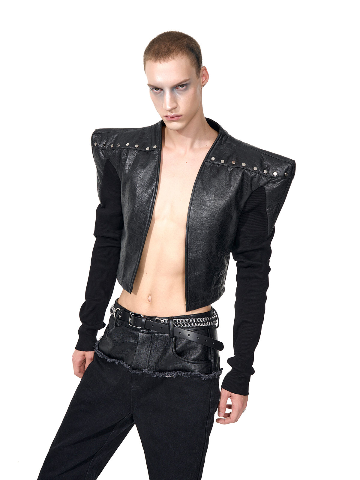 STUDDED POWER-SHOULDER HYBRID JACKET-START EXCEED END
