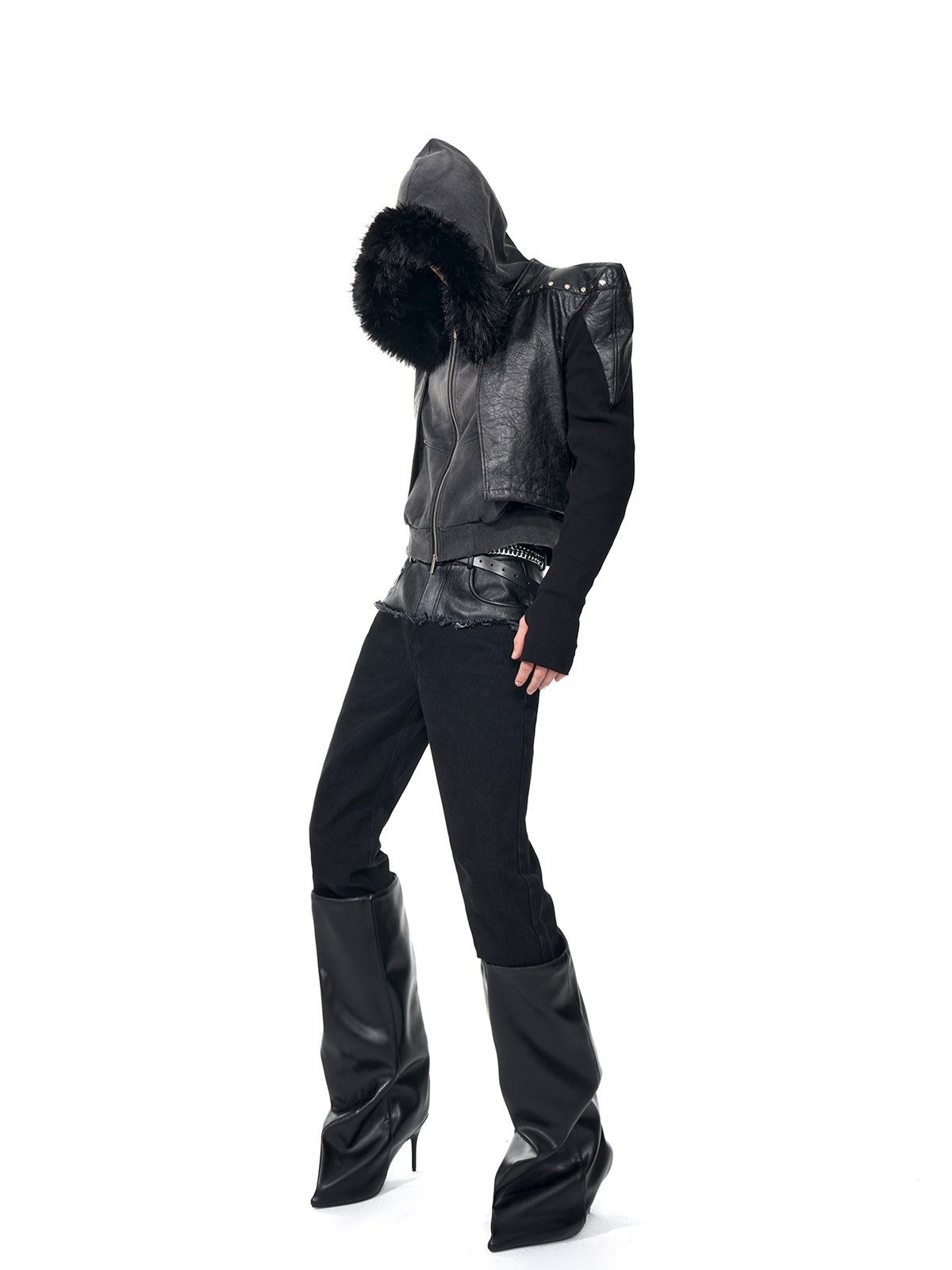 STUDDED POWER-SHOULDER HYBRID JACKET-START EXCEED END