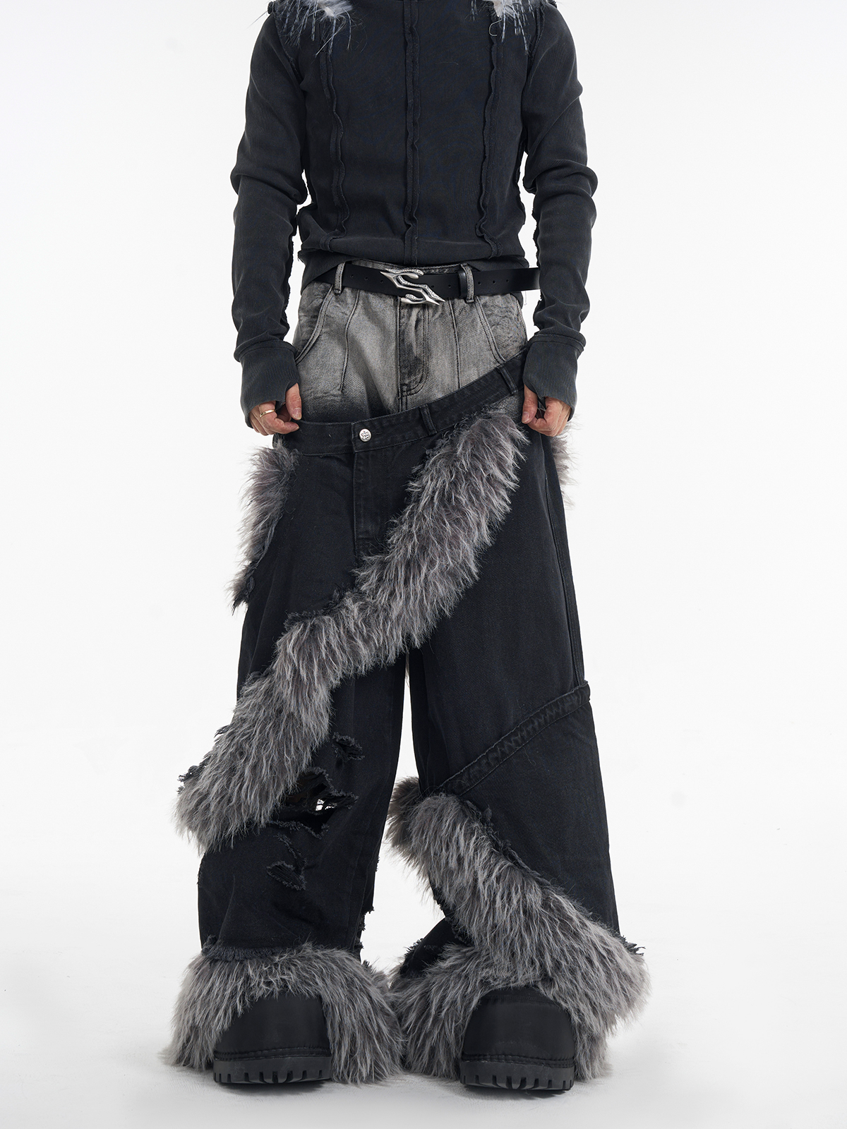 DOUBLE WAIST FUR SPIRAL WIDE LEG JEANS-START EXCEED END