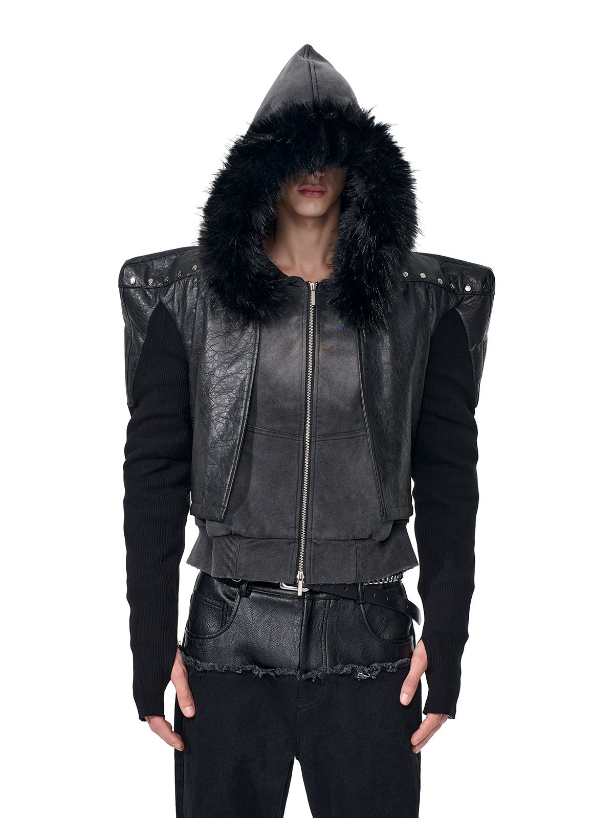 STUDDED POWER-SHOULDER HYBRID JACKET-START EXCEED END