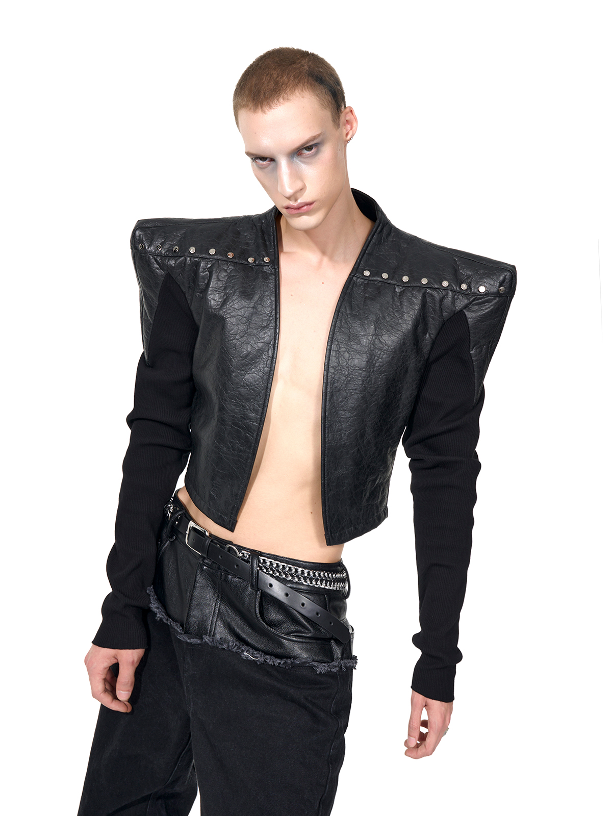 STUDDED POWER-SHOULDER HYBRID JACKET-START EXCEED END