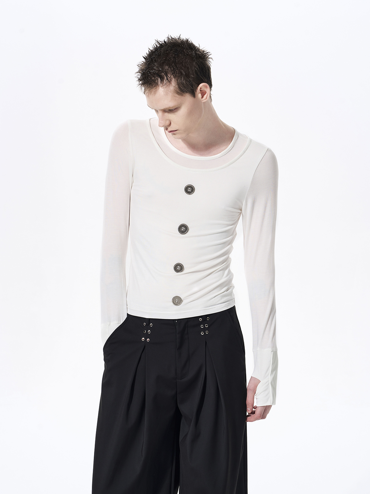 FAUX LAYERED TENCEL BUTTON LONGSLEEVE-WHITE