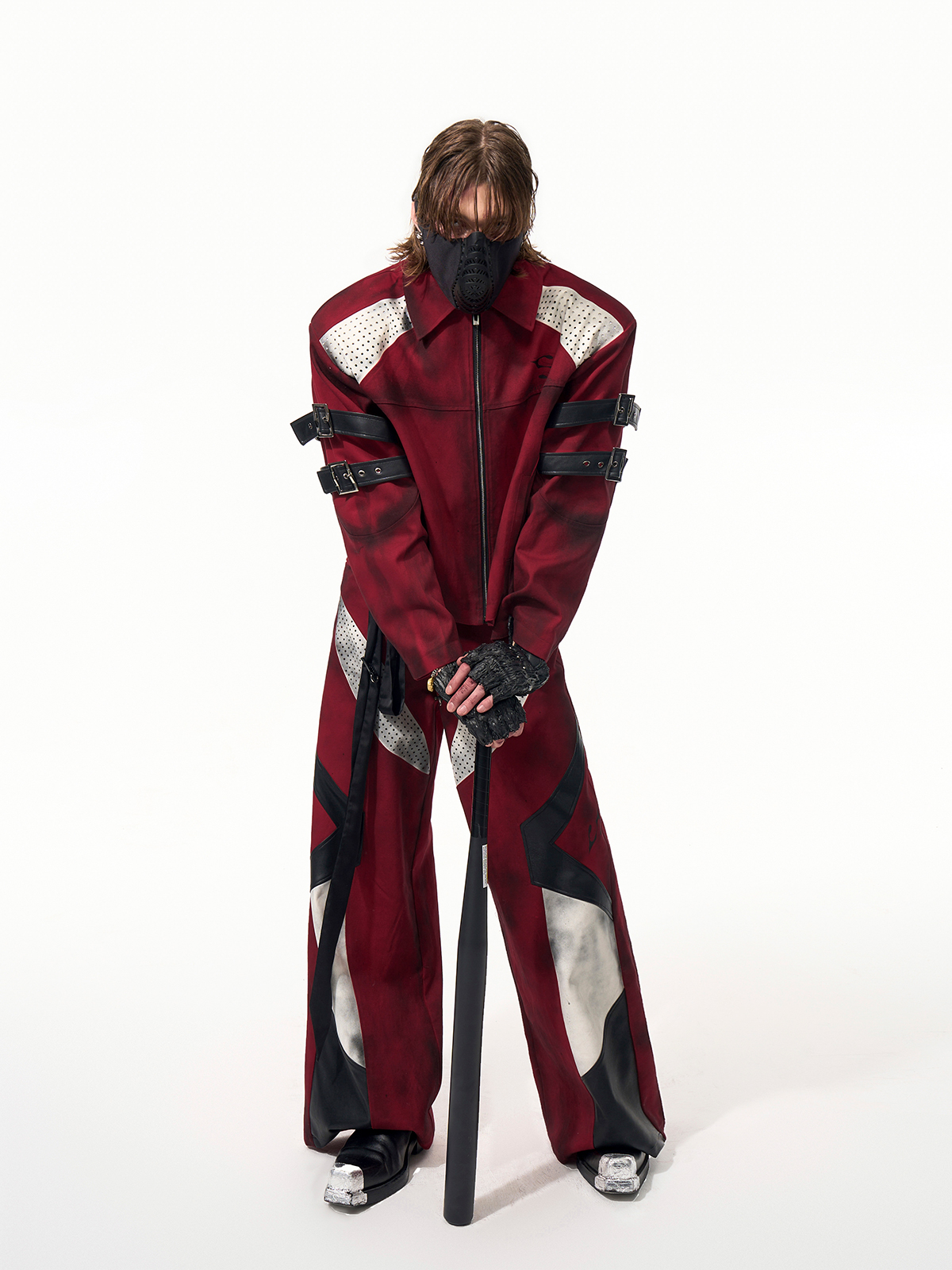 DISTRESSED RED CYBER-MOTO JACKET & PANTS SET-START EXCEED END