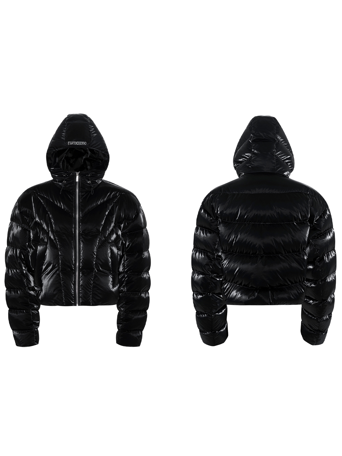 BLACK HIGH-GLOSS CROPPED HOODED PUFFER