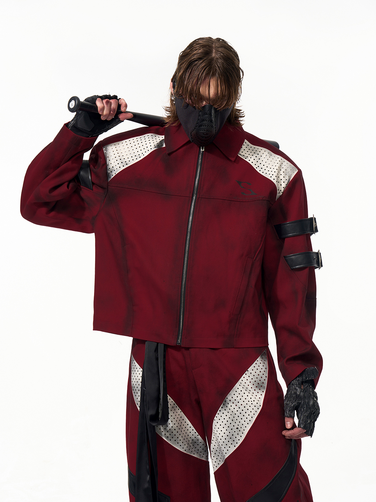 DISTRESSED RED CYBER-MOTO JACKET & PANTS SET-START EXCEED END
