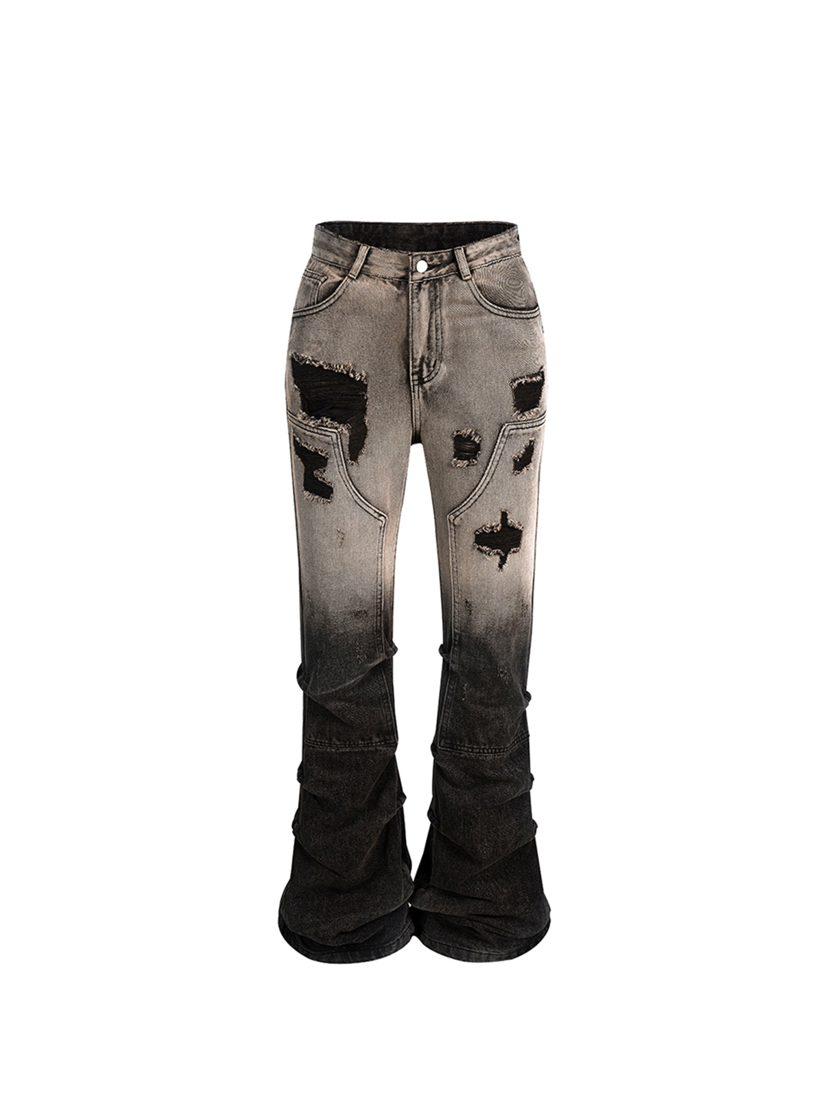 GRADIENT DIRTY WASH DISTRESSED STACKED FLARE JEANS-START EXCEED END