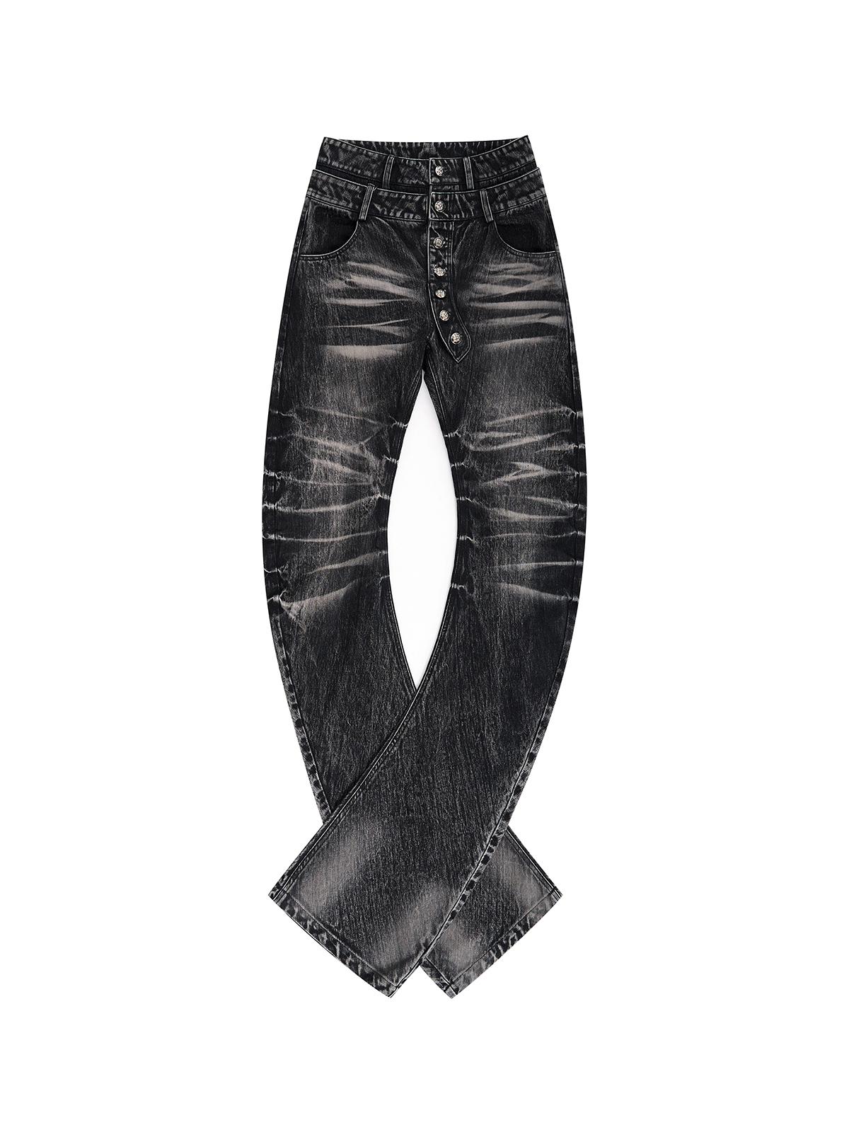 WASHED BLACK DOUBLE WAISTBAND STACKED FLARED JEANS