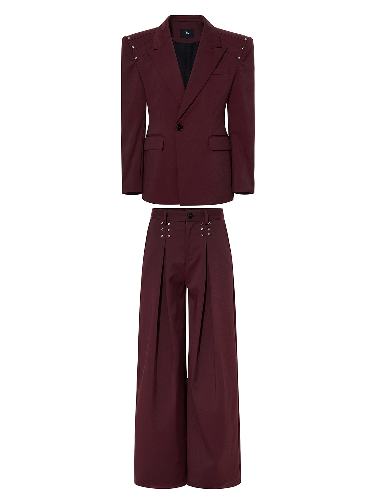 Burgundy Cinched Waist Studded Suit Set | Avant-Garde Tailoring