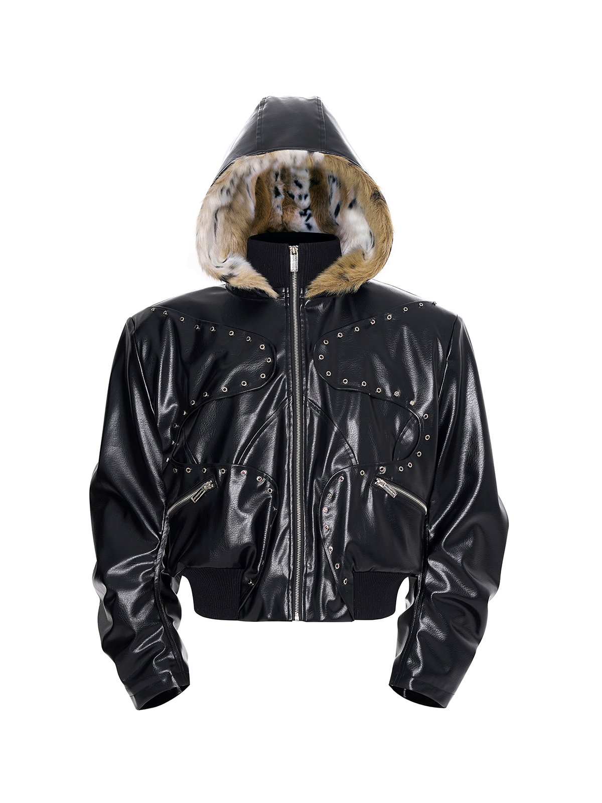 STUDDED FAUX LEATHER BOMBER WITH FUR-LINED HOOD