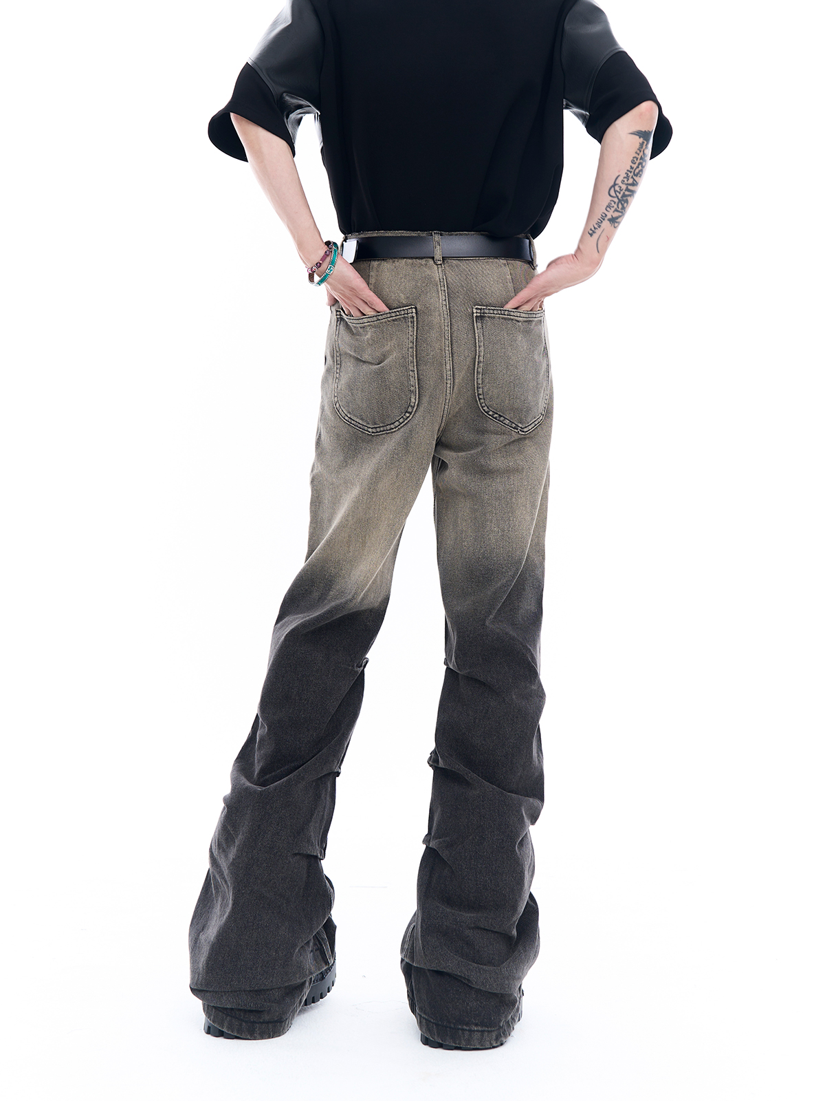 GRADIENT DIRTY WASH DISTRESSED STACKED FLARE JEANS-START EXCEED END
