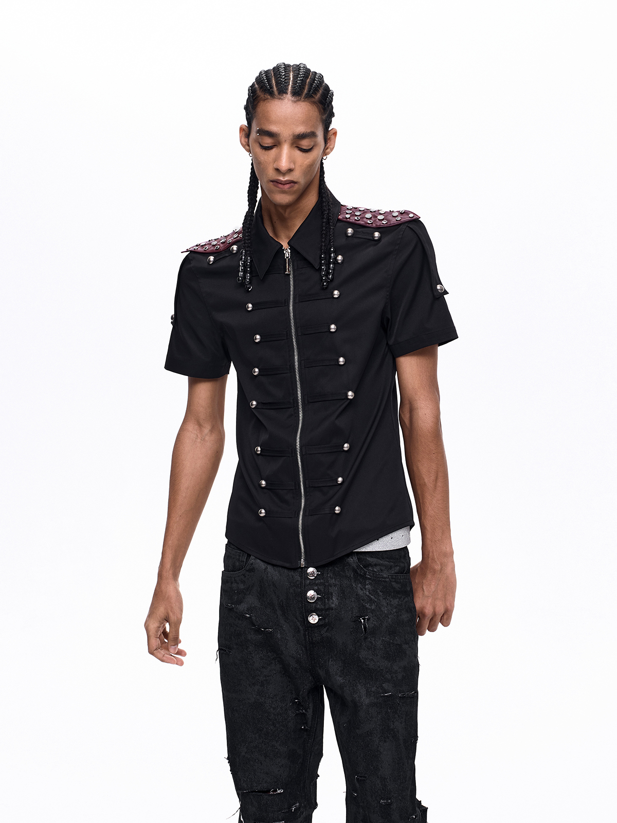 MEDIEVAL STUDDED LEATHER-PANEL ZIP SHIRT