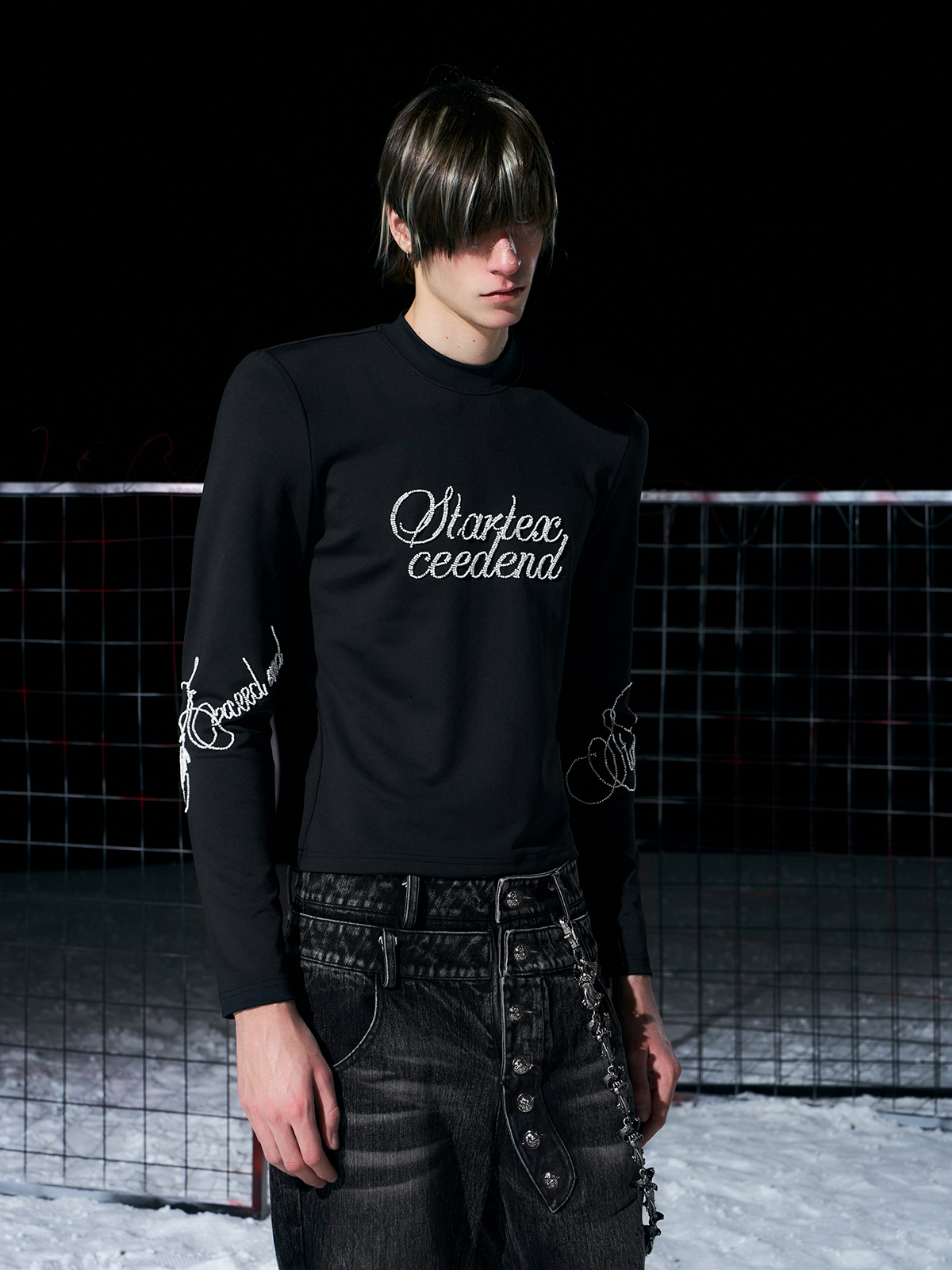 BLACK RHINESTONE SCRIPT MOCK NECK LONG SLEEVE