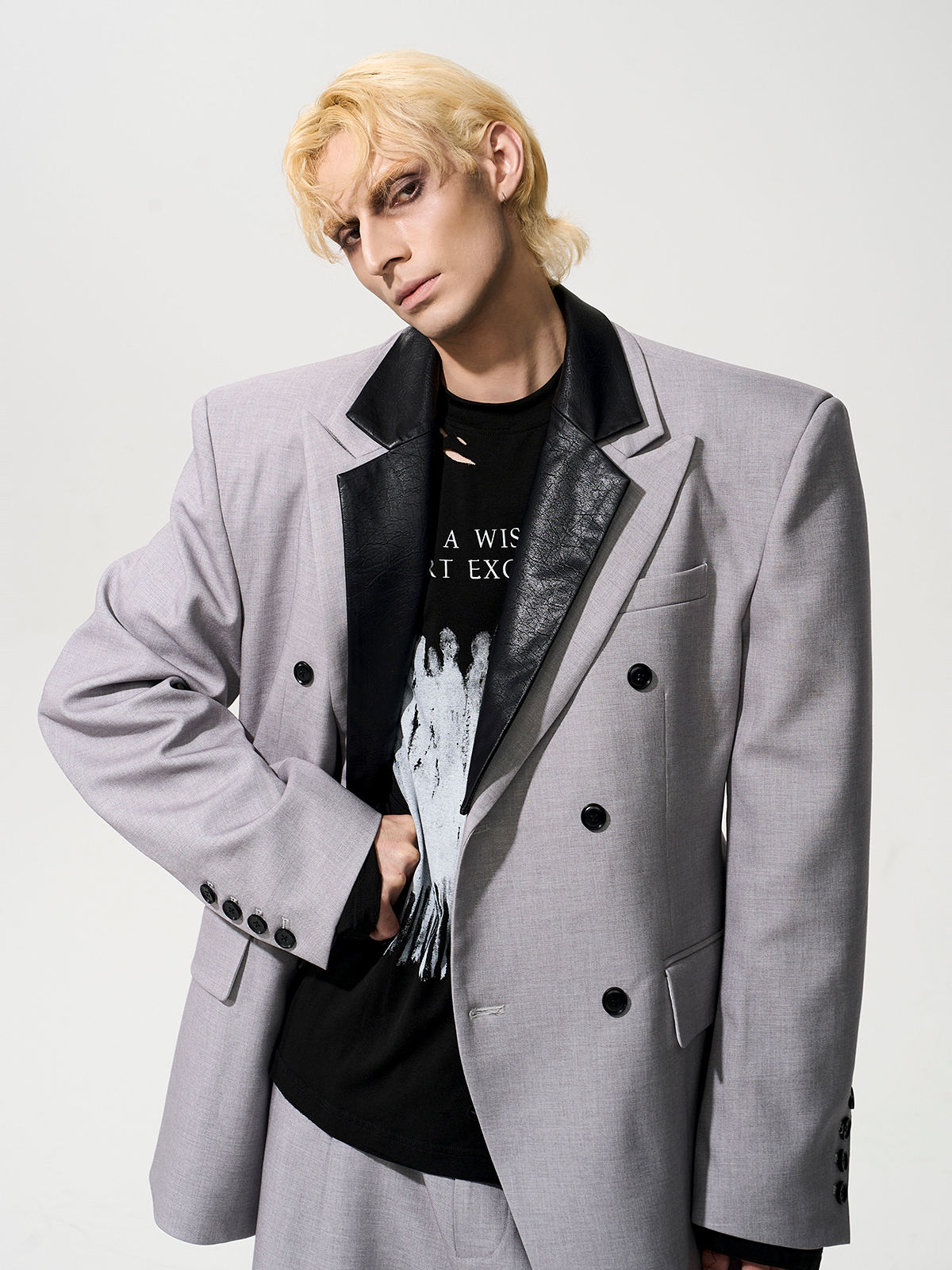 DETACHABLE LEATHER COLLAR SCULPTED SUIT SET-GREY