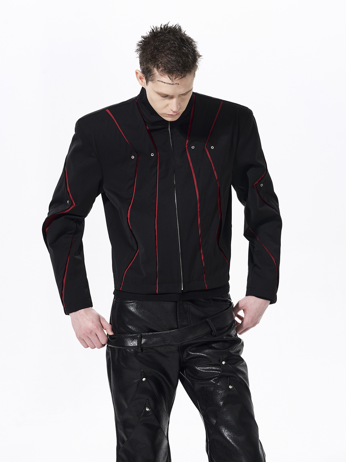 GEOMETRIC PANELED STAND COLLAR JACKET