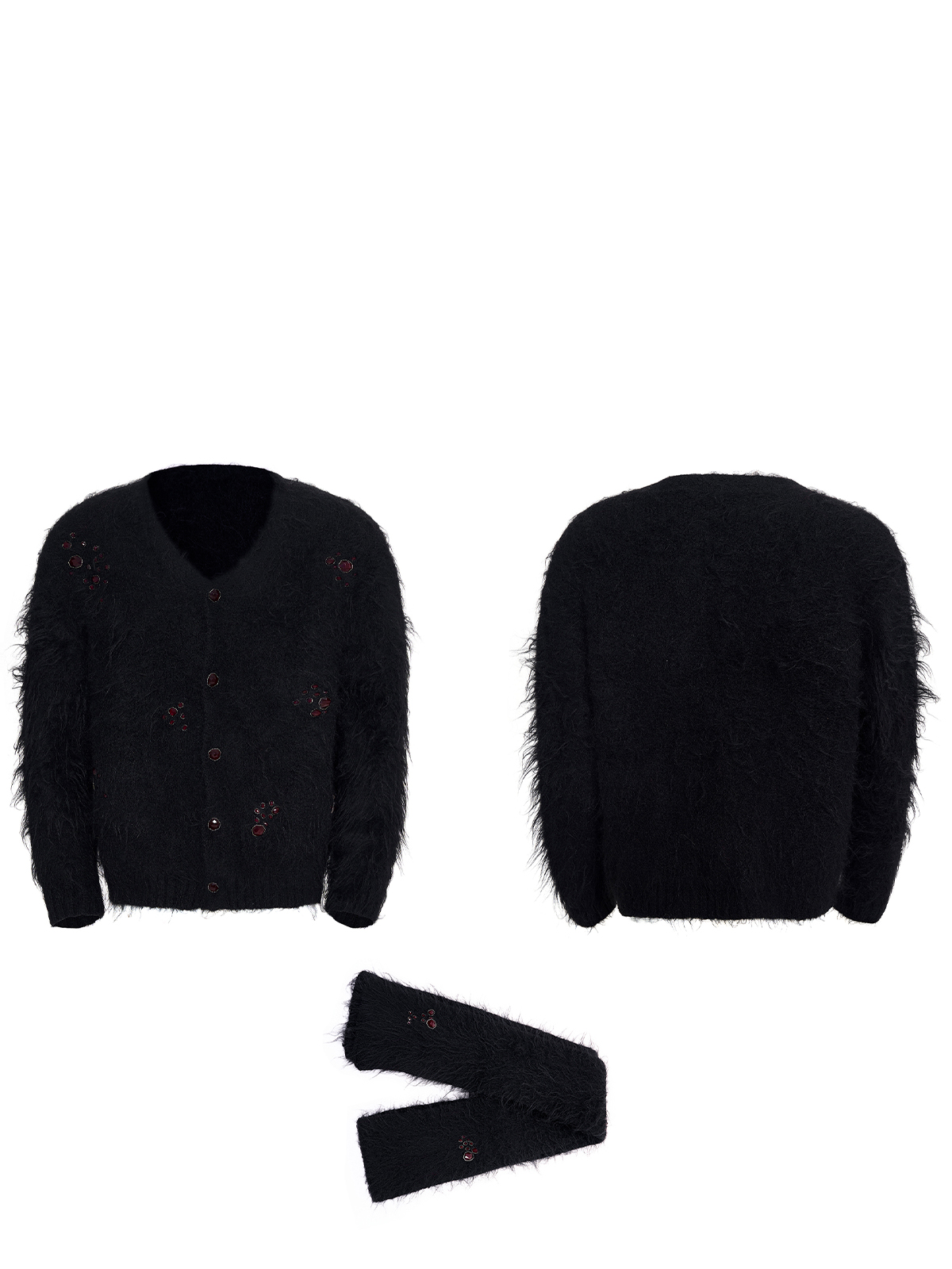 BLACK FUZZY MOHAIR CARDIGAN & SCARF SET