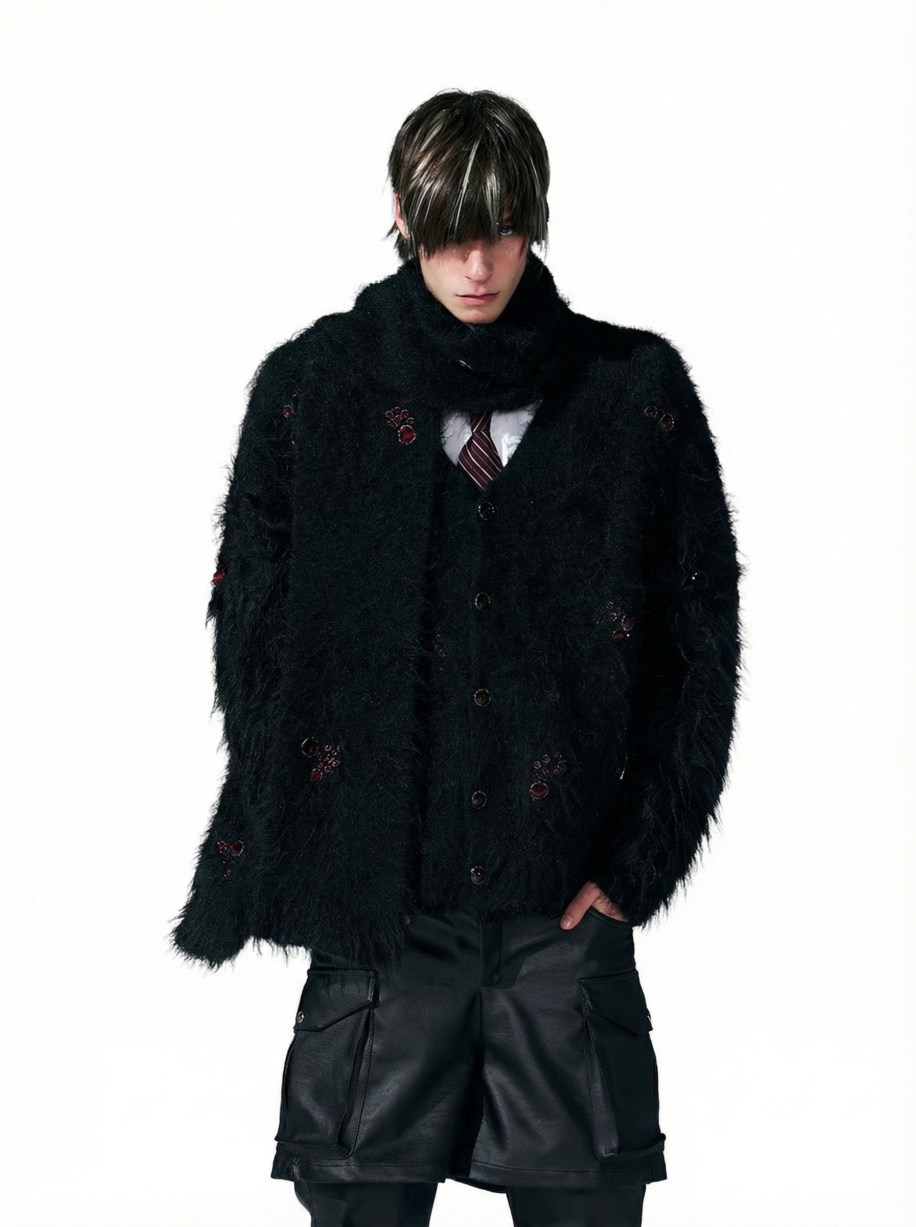 BLACK FUZZY MOHAIR CARDIGAN & SCARF SET