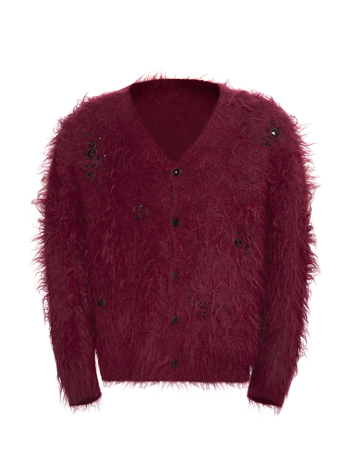 GEMSTONE SCATTERED SHAGGY MOHAIR CARDIGAN-RED