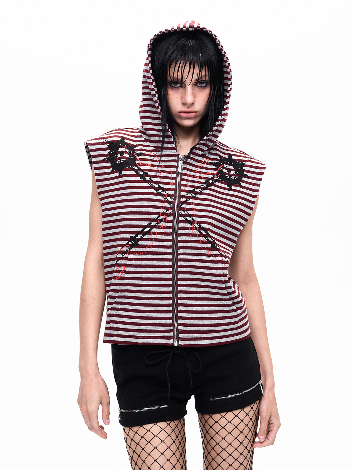 STRIPED MORNING STAR ZIP HOODIE VEST-BURGUNDY/GREY