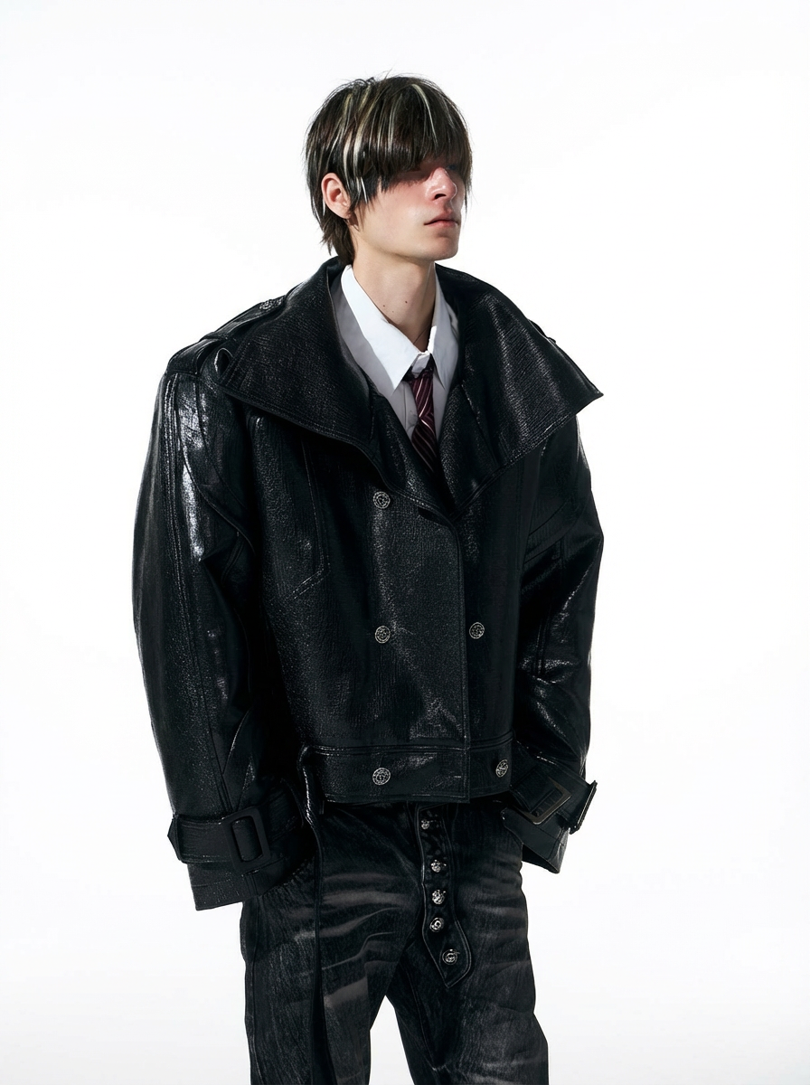 Padded Double-Breasted Cropped Leather Jacket