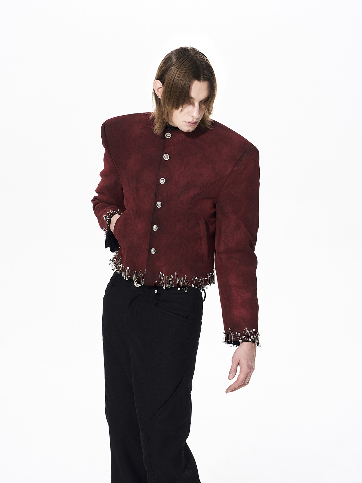 DISTRESSED SUEDE SAFETY PIN CROPPED JACKET-RED