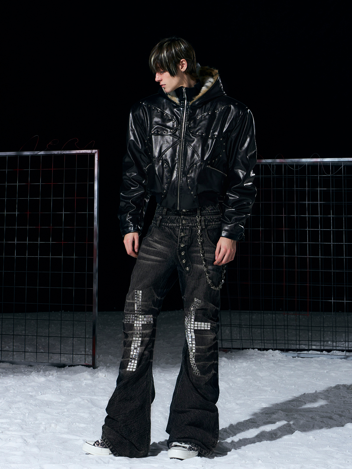 STUDDED FAUX LEATHER BOMBER WITH FUR-LINED HOOD