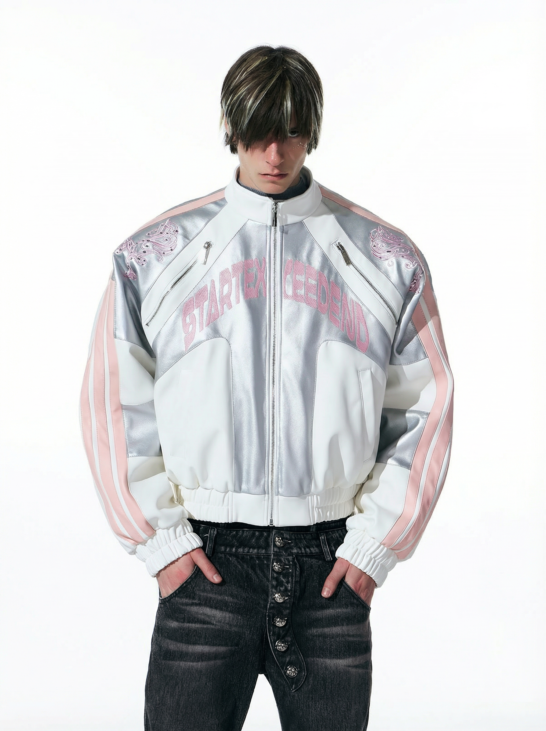 WHITE & SILVER METALLIC EMBROIDERED RACING JACKET