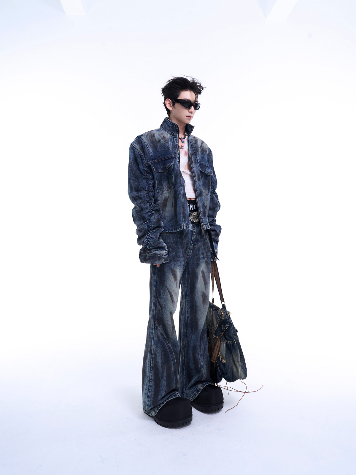 MUD WASH RUCHED DENIM JACKET & FLARED JEANS SET-START EXCEED END
