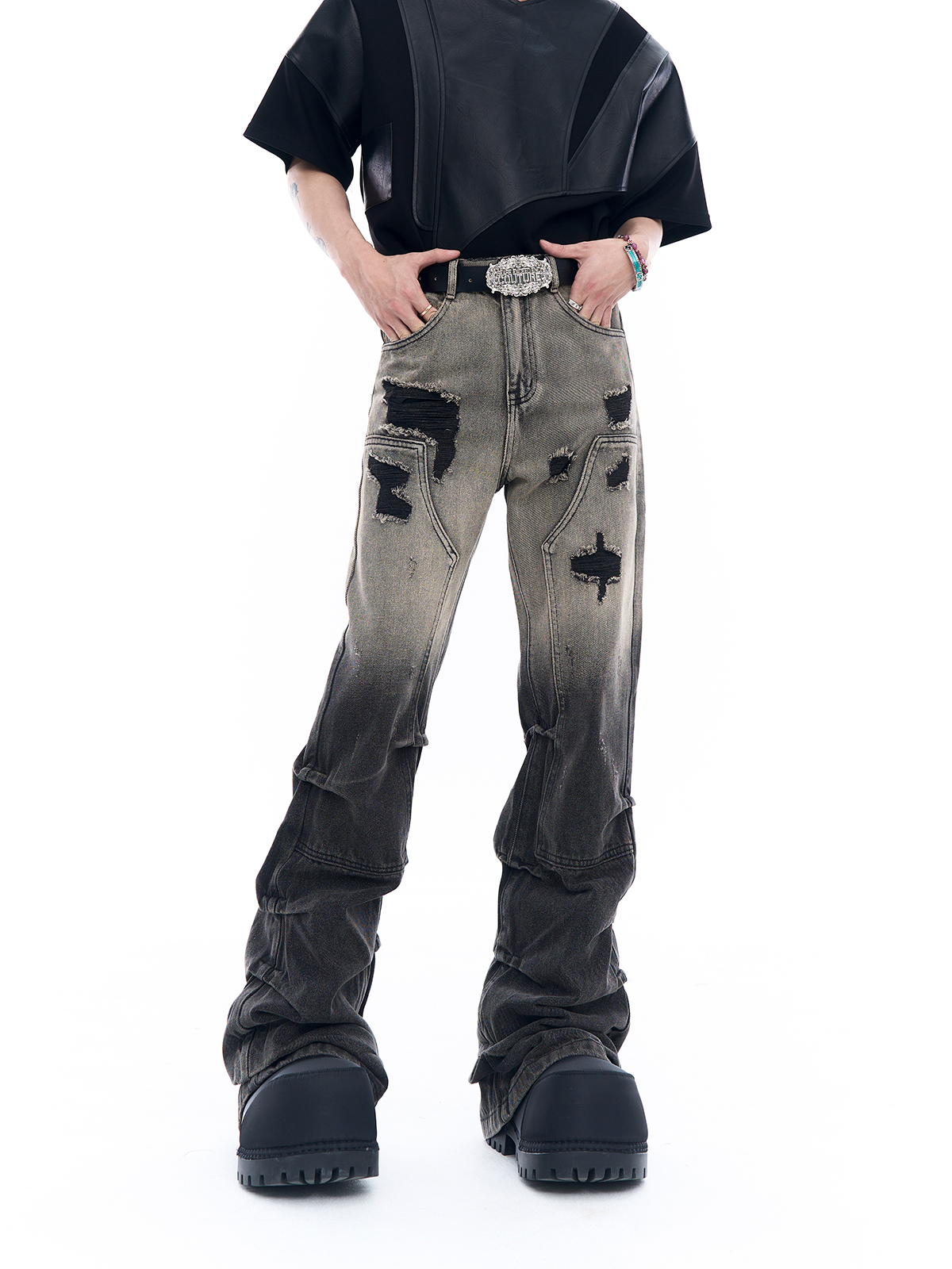 GRADIENT DIRTY WASH DISTRESSED STACKED FLARE JEANS-START EXCEED END