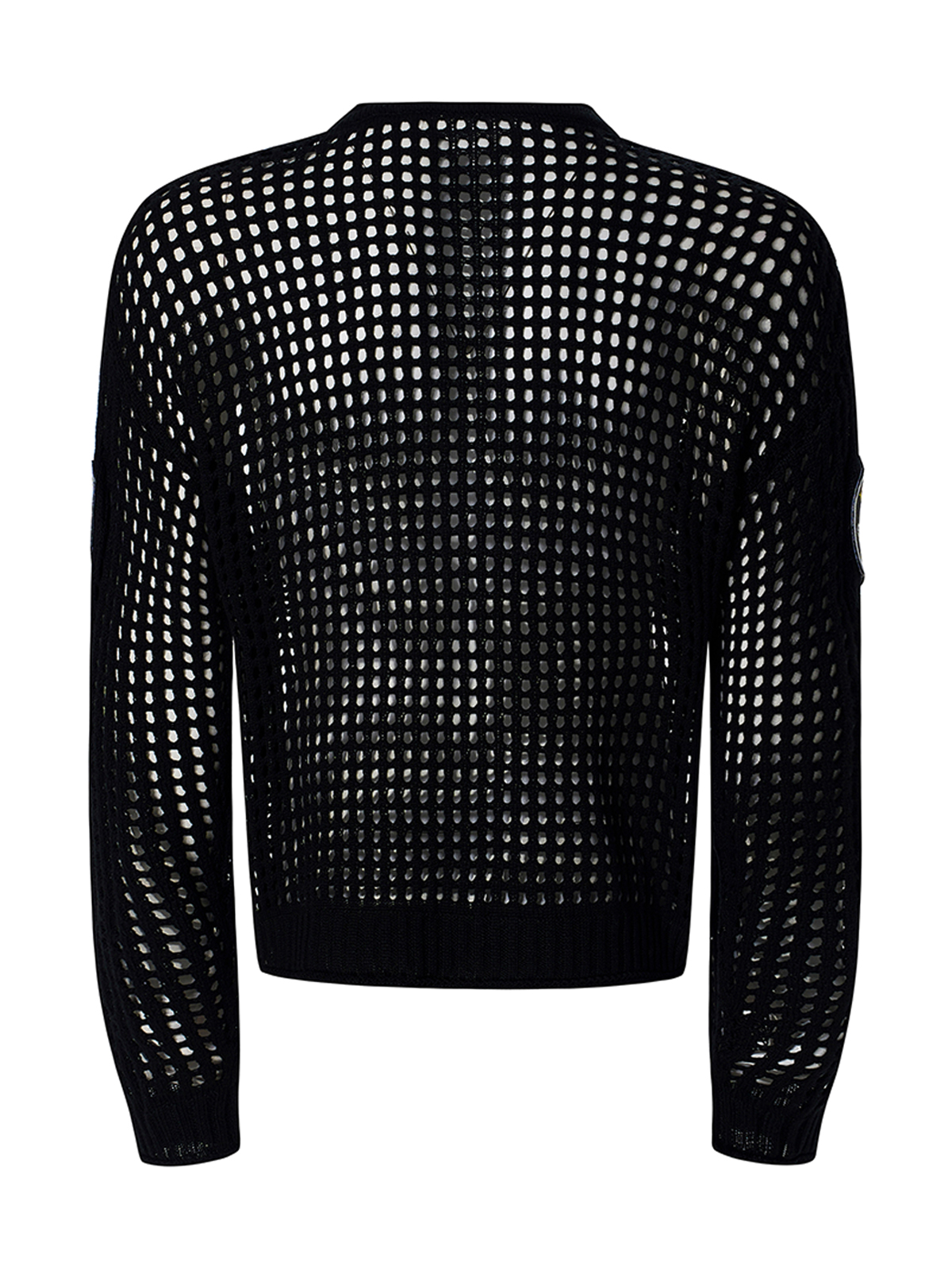 OPEN-KNIT EMBROIDERED BADGE SWEATER-BLACK