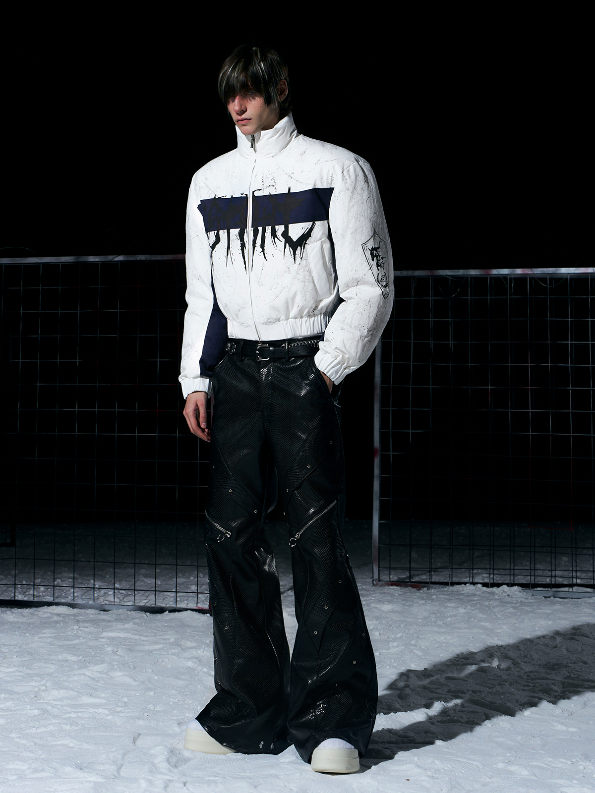 WHITE & NAVY GRAFFITI SPLATTER BOMBER WITH KNIGHT PRINT