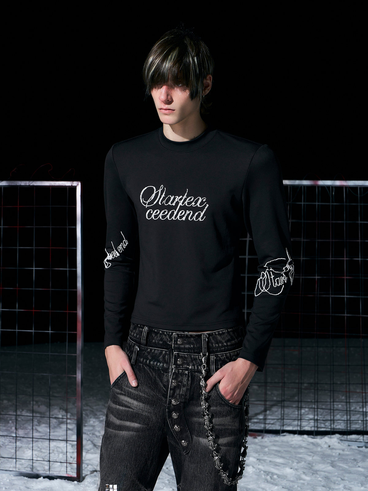 BLACK RHINESTONE SCRIPT MOCK NECK LONG SLEEVE