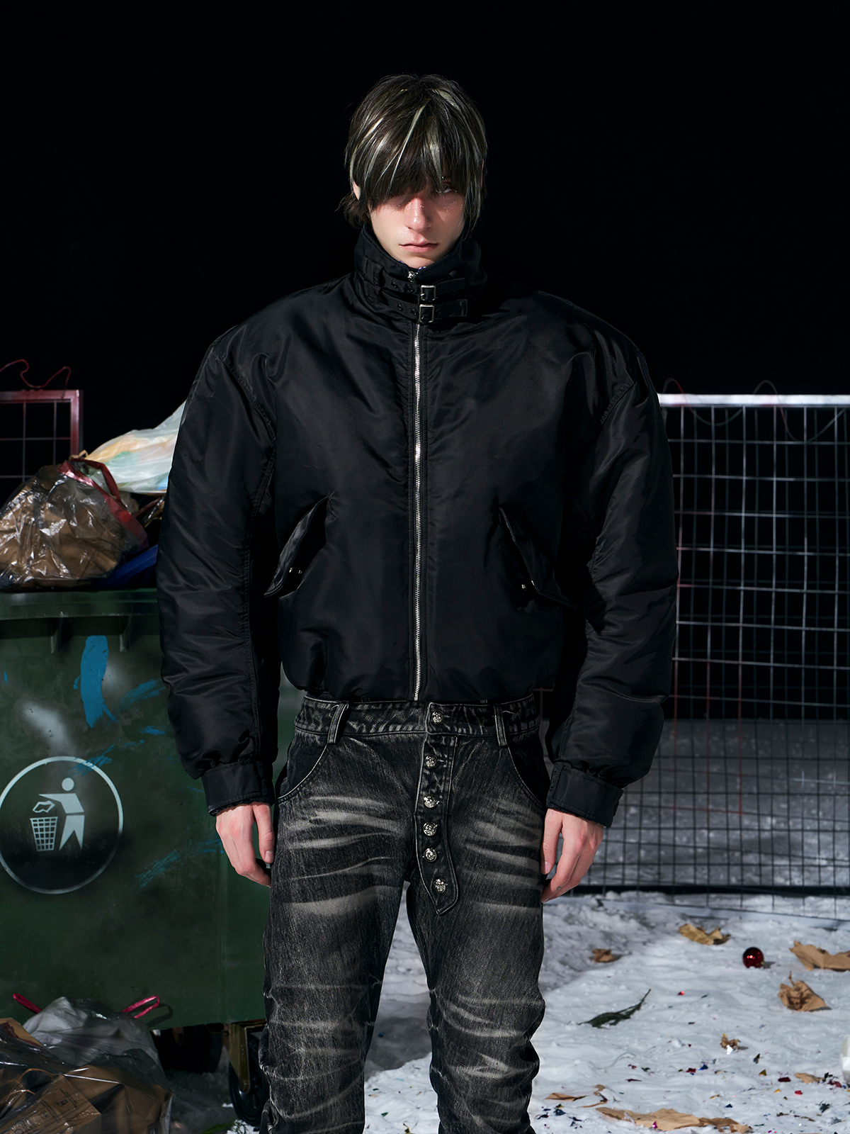 Luxe Detachable Fur Collar Down Bomber-Black