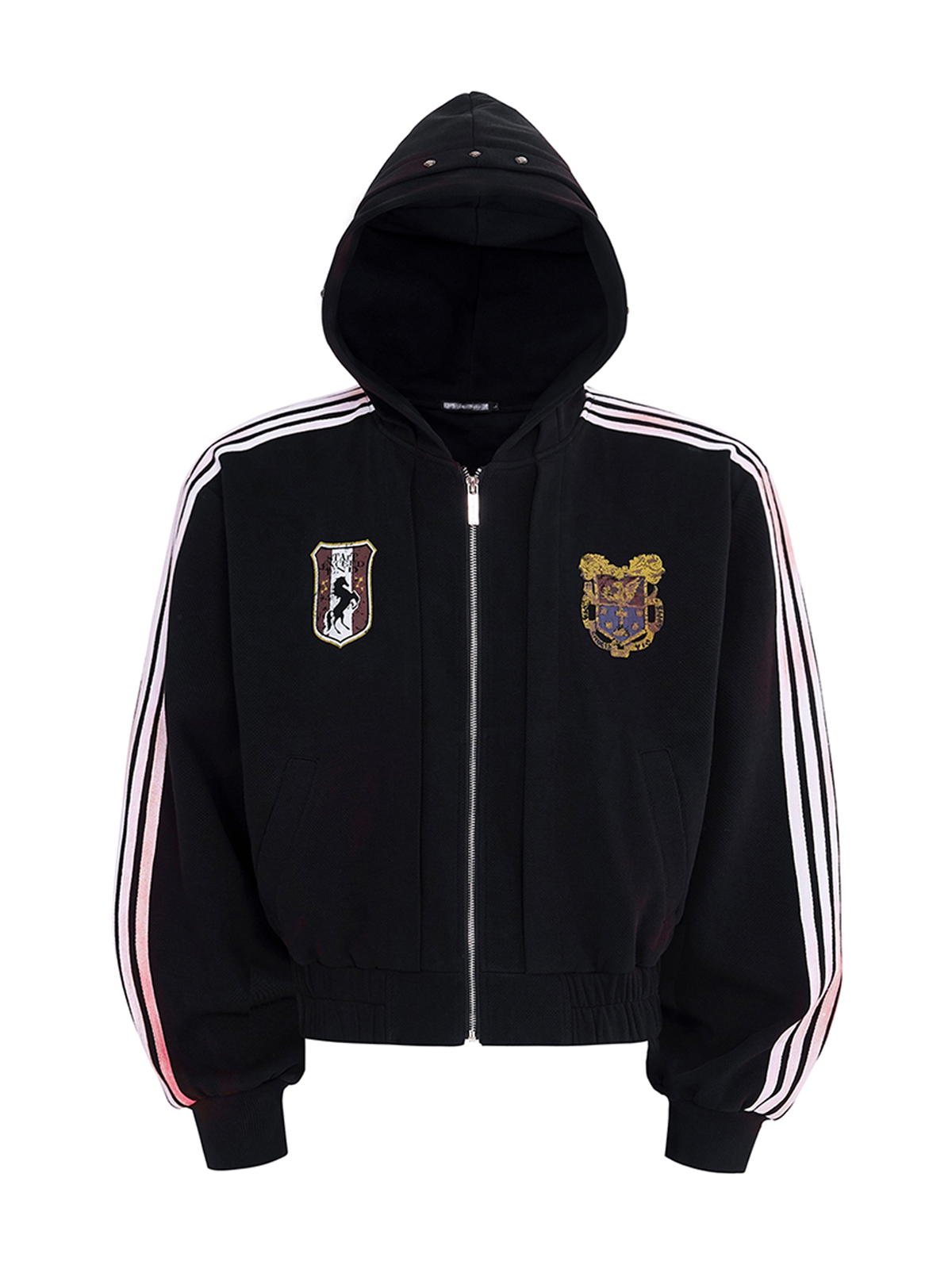 DISTRESSED MOTO BADGE 4-STRIPE TRACKSUIT SET-BLACK