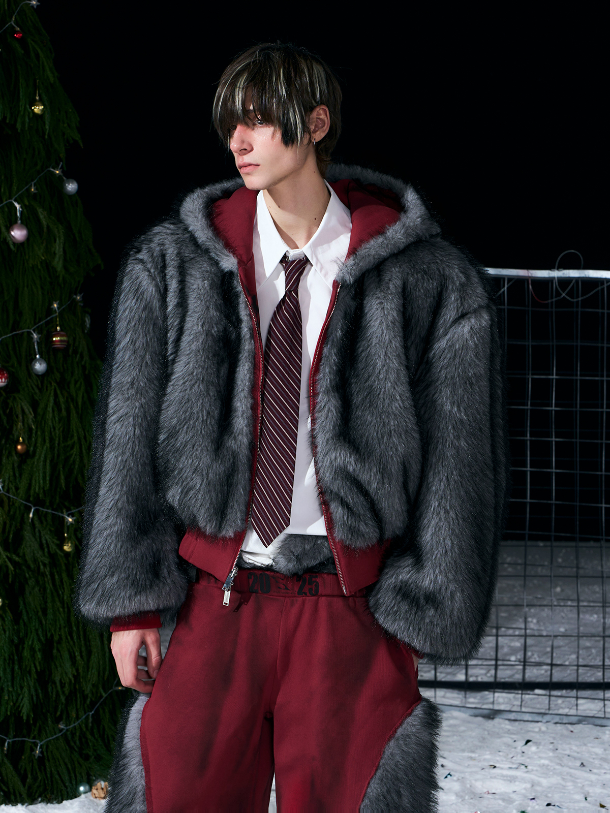 VINTAGE RED REVERSIBLE FUR HOODIE & FUR PANEL PANTS SET