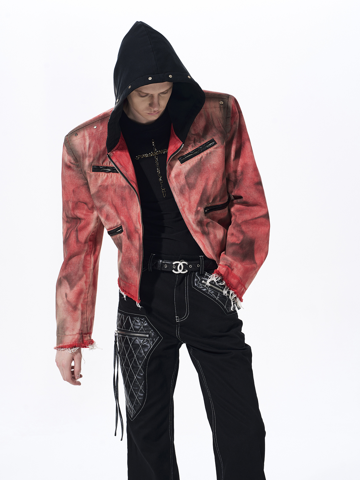 DISTRESSED HOODED CROPPED DENIM JACKET