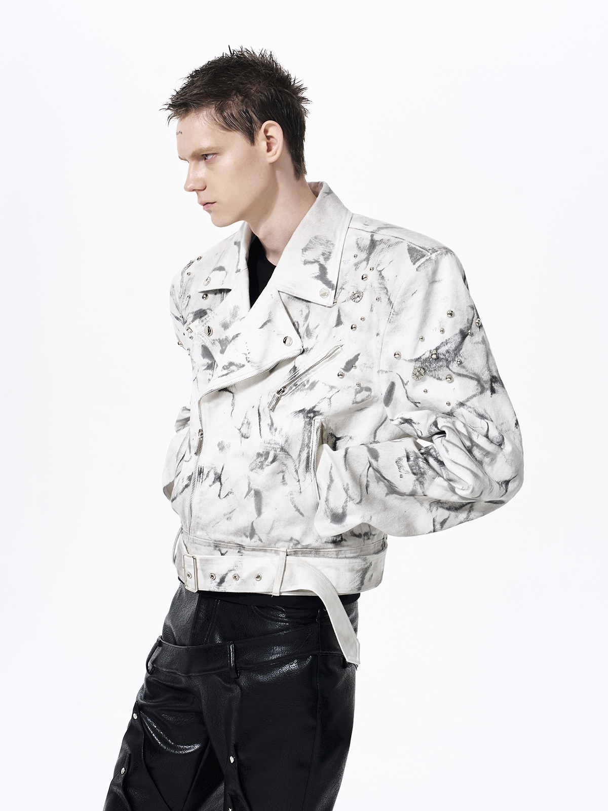 DIRTY WASH STUDDED CROPPED BIKER DENIM JACKET