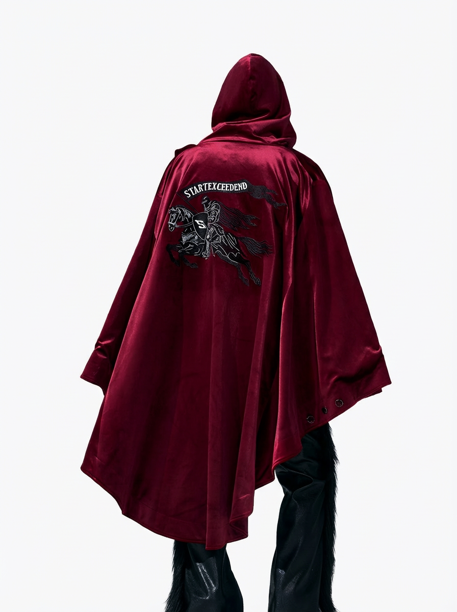 WARHORSE EMBROIDERED VELVET HOODED CLOAK-BURGUNDY