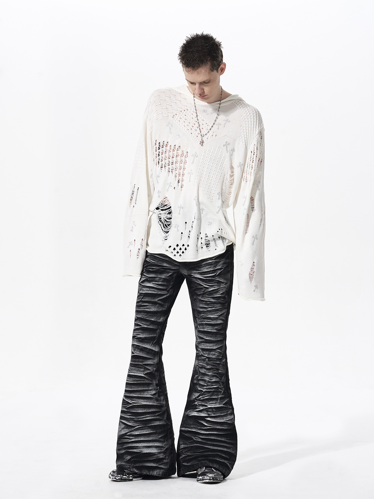 DISTRESSED CROSS RHINESTONE HOODED KNIT SWEATER-WHITE