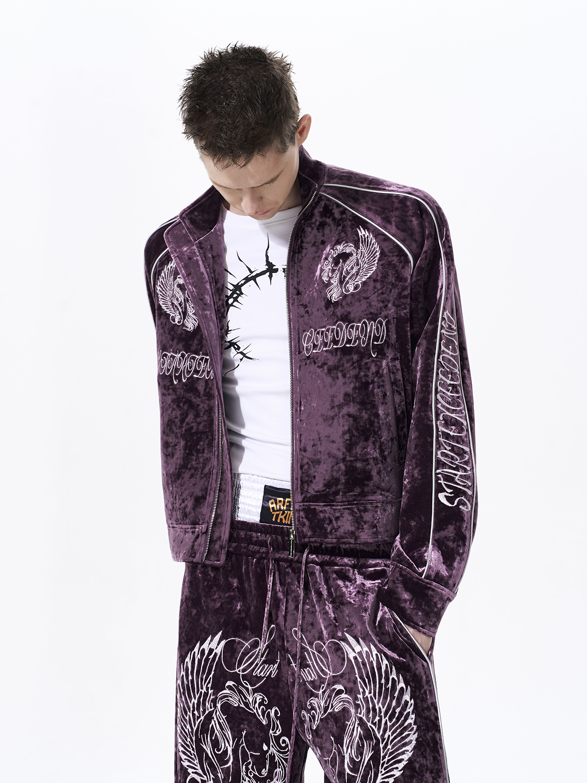 CRUSHED VELVET EMBROIDERED TRACKSUIT SET-PLUM PURPLE