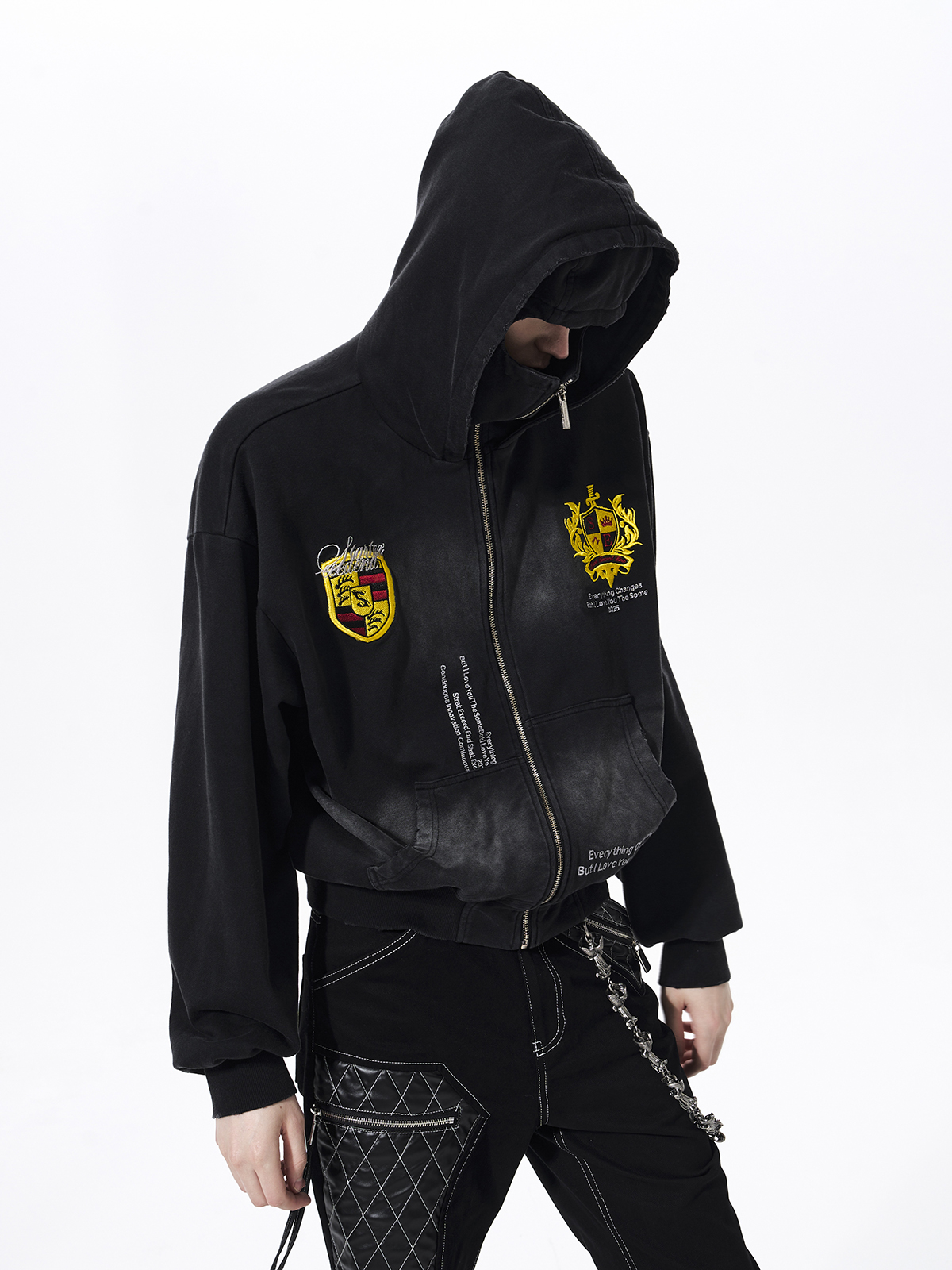 DISTRESSED CREST EMBROIDERY BALACLAVA HOODIE