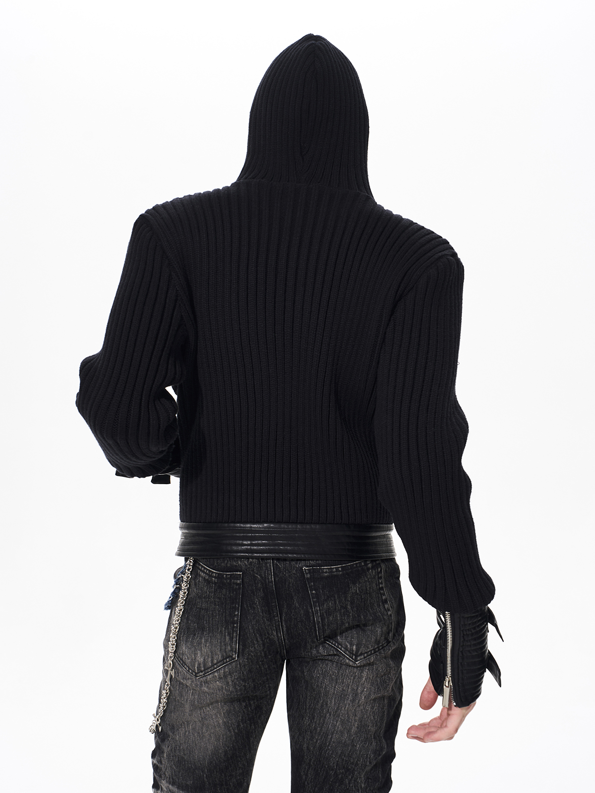 LEATHER PANEL BUCKLE CUFF RIBBED KNIT HOODIE