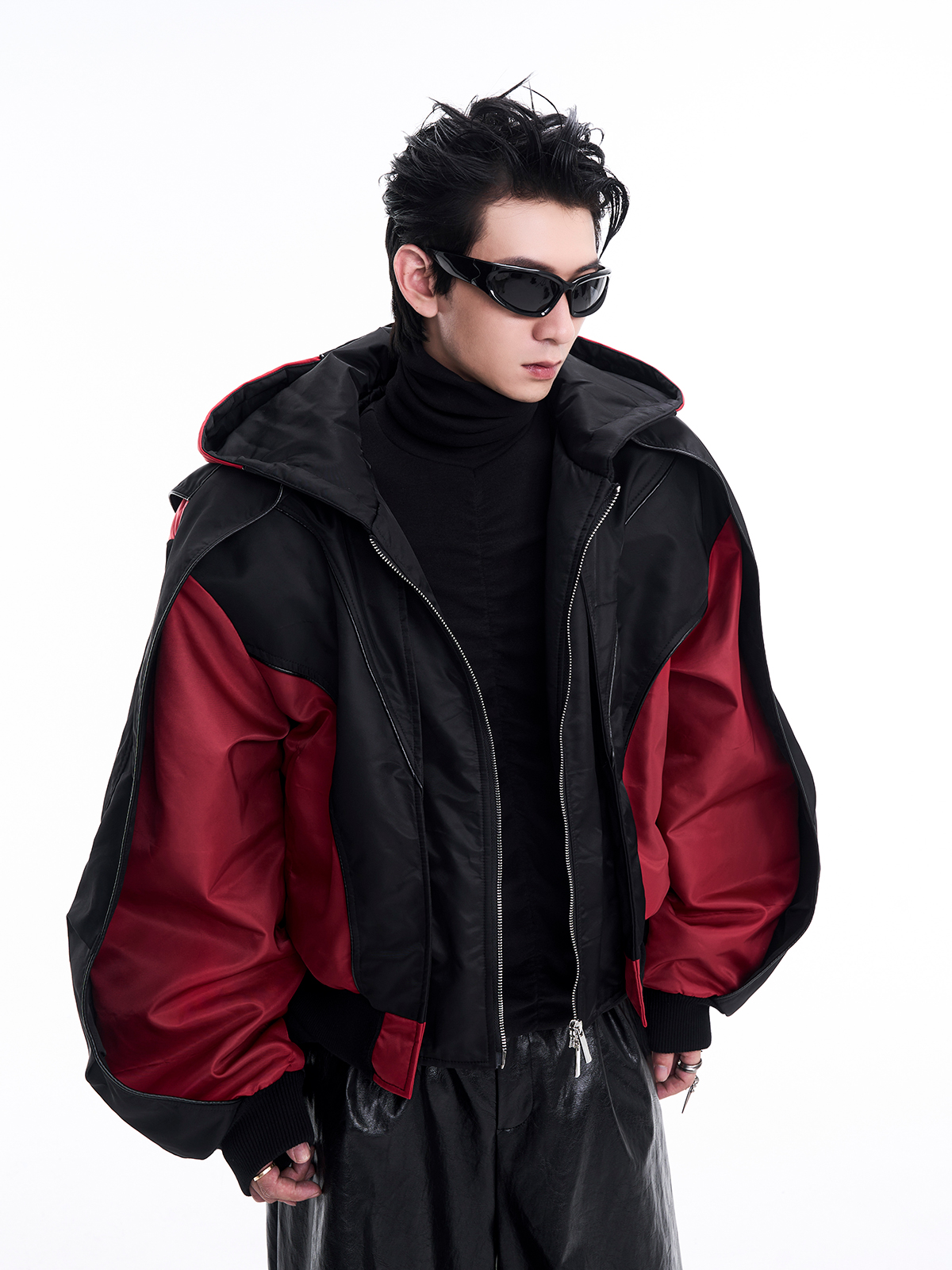 CONTRAST RED BATWING SLEEVE HOODED BOMBER-START EXCEED END