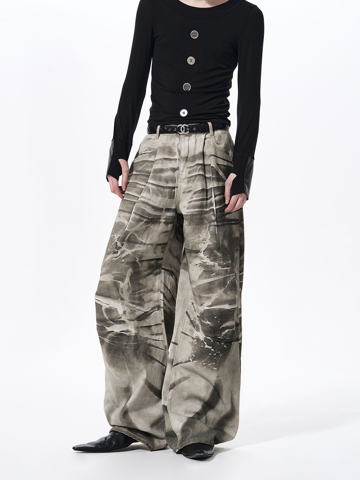 TIE-DYE DISTRESSED WIDE LEG PUDDLE DENIM
