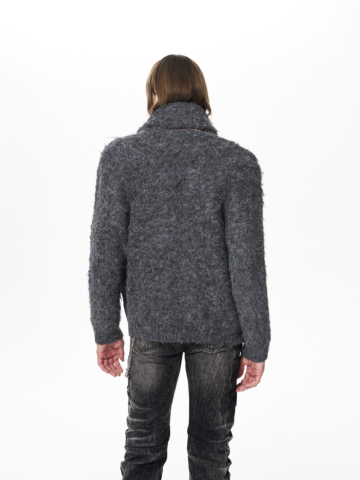 GEMSTONE SCATTERED SHAGGY MOHAIR CARDIGAN-GREY