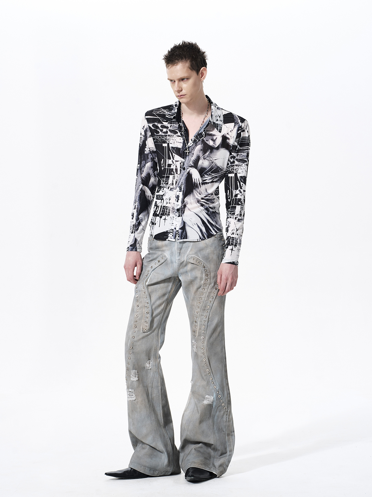 CLASSICAL FIGURE PRINT SHEER MESH SHIRT