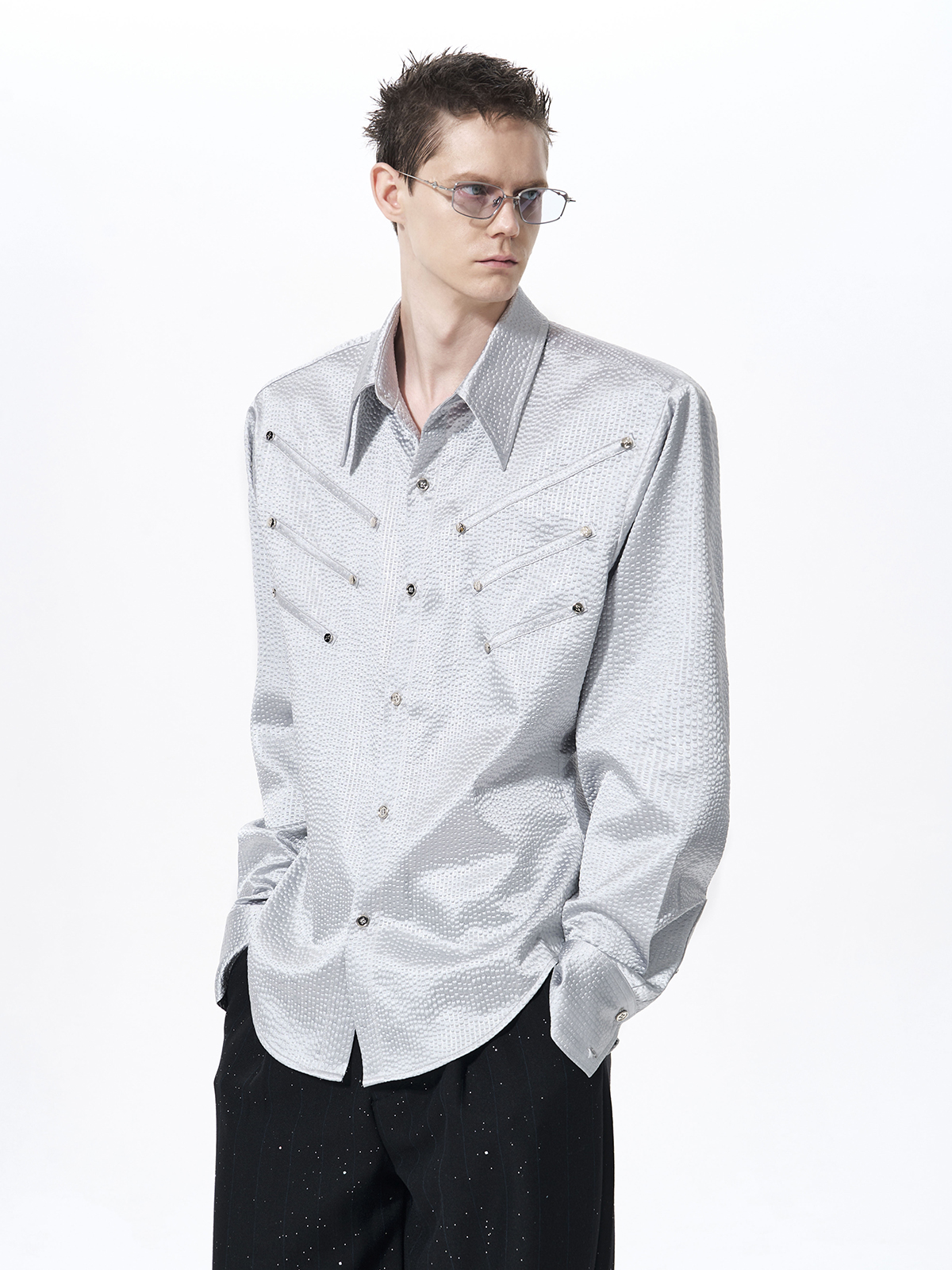 TEXTURED WESTERN HARDWARE SHIRT-SILVER